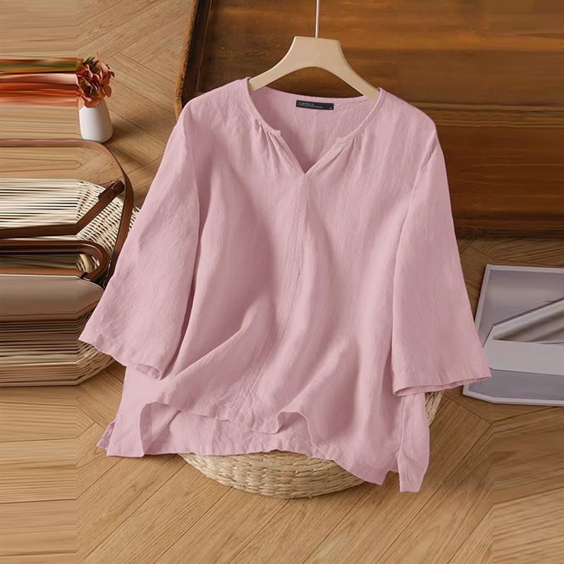 

ZANZEA Женская блузка с V-образным вырезом, свободная, повседневная, с рукавом 3/4, хлопковая 2XL розовый