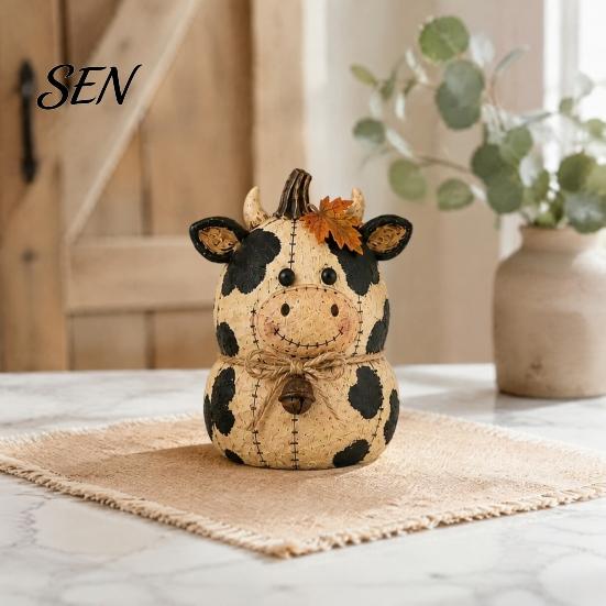 Decorative Animal Statues for Shelves Rustic Farmhouse Felt Ornaments, Cute Cow/Pumpkin/Rooster Figurines, Handmade Animals Vintage Country