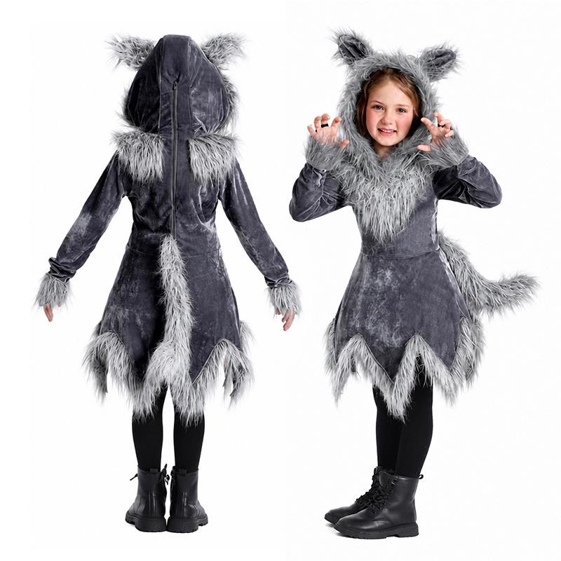 Halloween Grey Big Bad Wolf Parent-Child Costumes Adult Children Wolf Girl Animal Play Stage Performance Dress