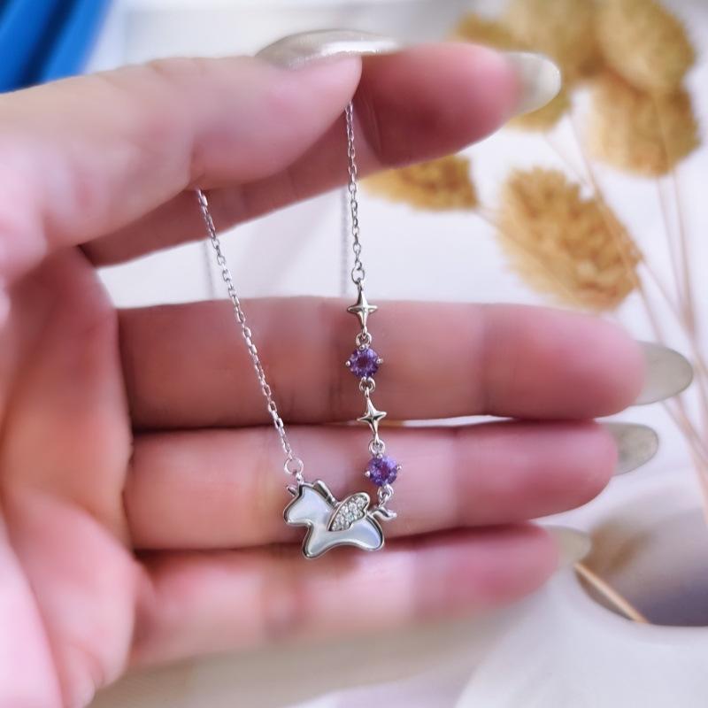 Original natural crystal stone star wish unicorn s925 silver necklace female white fritillary pony pendant gift female
