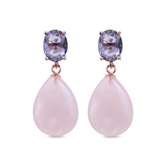 Boucles D'oreilles - LUXENTER - Rosa - Argent 925 - Plaqué or Rose 18 Carats - Quartz Rose
