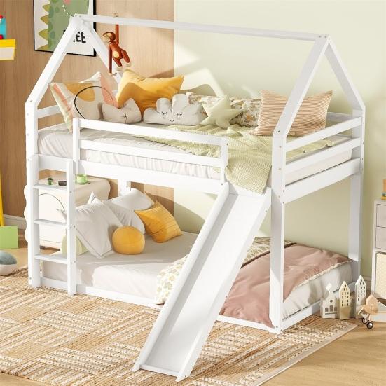 Stable Base Bunk Bed with Ladder Slide Falling Protection House Bed Strong Load Bearing Double Bed Solid Structure Wood Frame Family Loft Bed Bedroom