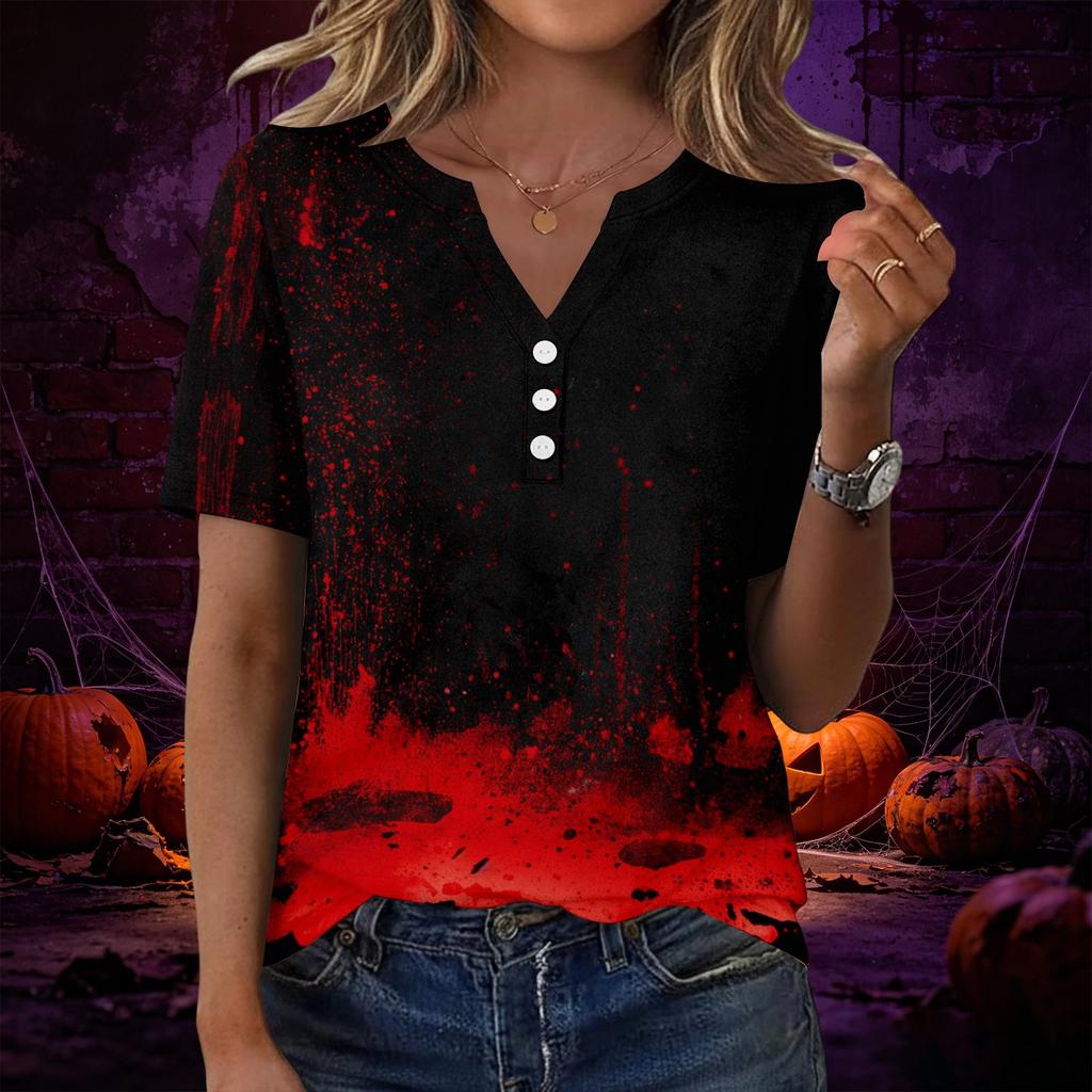 Women V Neck Short Sleeve Button Decor Top with Halloween Print Casual Loose Fit T Shirt for Daily Wear