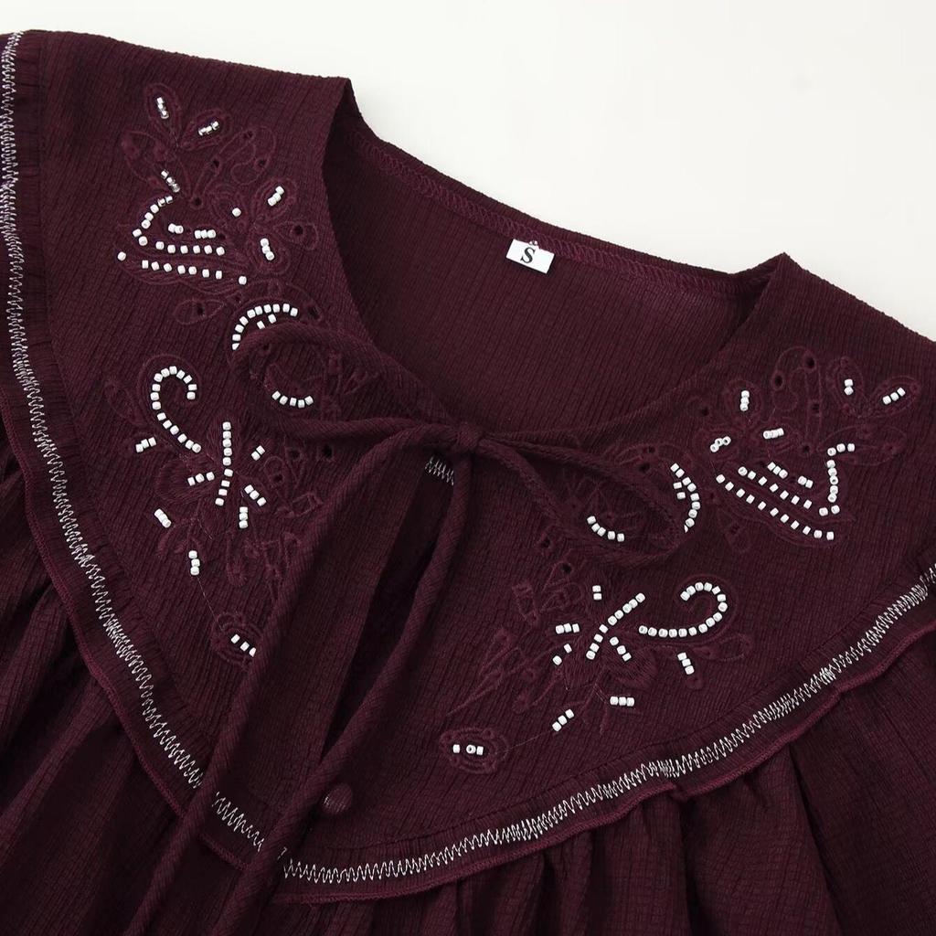 European Style Beaded Embroidery Long Sleeve Round Neck Shirt 577023