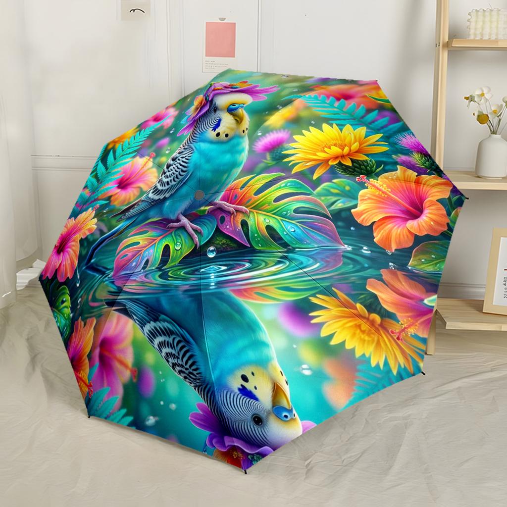 Parakeets Amidst Floral Splendor. Automatic Umbrella Compact & Durable 8-Rib Design Foldable Design for Women/Men Fashionable