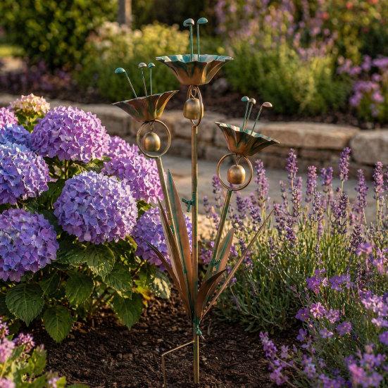 Flamed Copper Three Calla Lilies Garden Stake with Bells, Metal Flower Yard Art Decor, Outdoor Wind Bell Stake for Lawns,