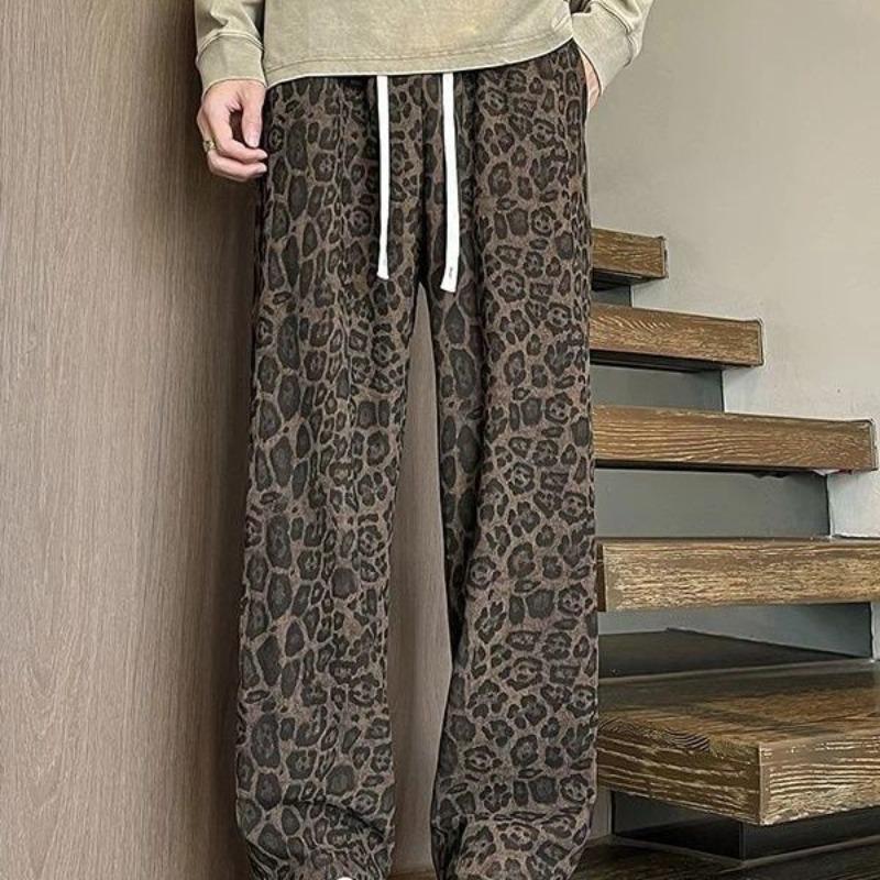 Autumn Winter Leopard Print Casual Pants Men's Loose Straight Wide-leg Trousers