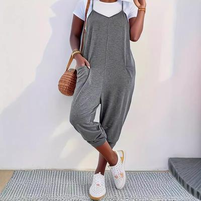 Women's Solid Color Pocket Suspenders Loose Casual Overalls