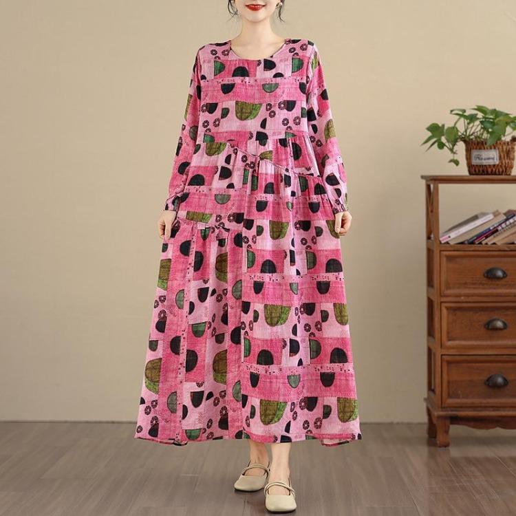 New Vintage Floral Maxi Dress Women Plus Size Oversize Long Sleeve Loose Basic Spring Long Dress