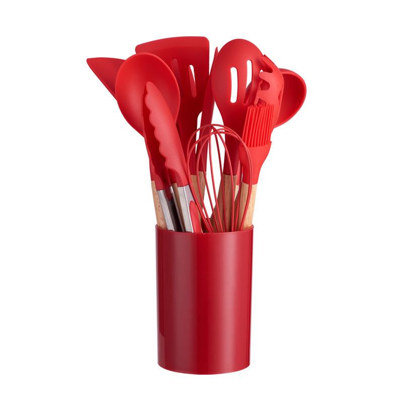 12-Piece Non-Stick Silicone Kitchen Utensil Set with Wooden Handles - High-Temperature Resistant Spoons and Spatulas