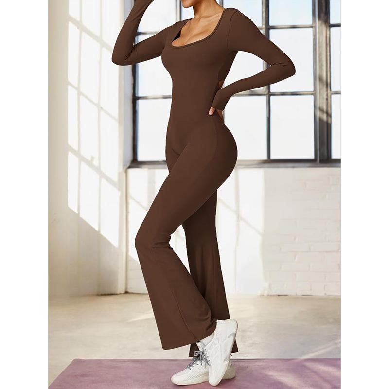 Cross Border Women's Autumn and Winter Long Sleeved U-neck Backless Slim Fit and Hip Lifting Sexy Sports Yoga Jumpsuit from Europe and America