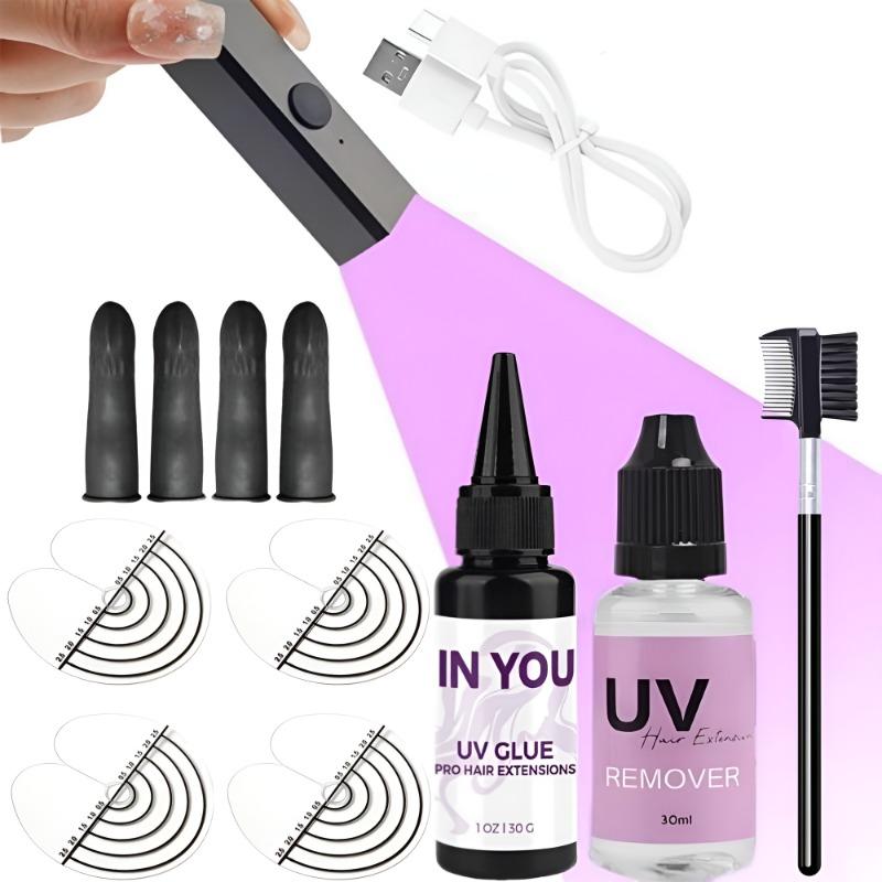 

All-in-One UV Hair Extension Tool Kit Clear 30g UV Glue 30ml Remover UV Lamp for Hair Extensions Wig Eyelashes Professional Hairdresser Supplies A set