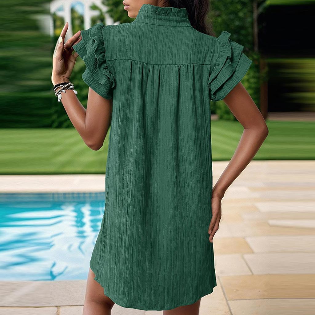 Women's Fashion Casual Solid Color V-Neck Loose Ruffle Sleeve Short Dress