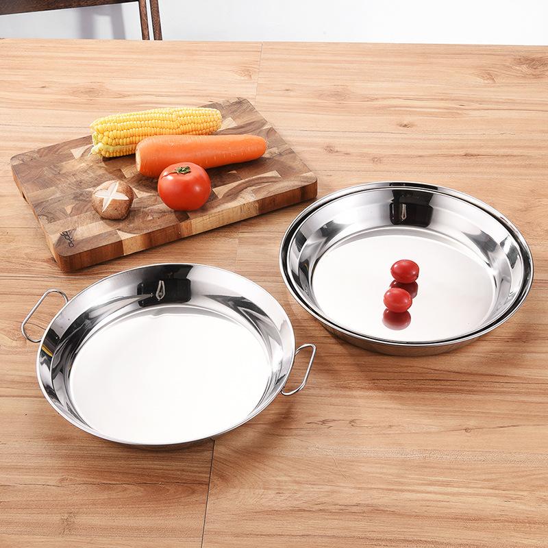 Edelstahl-Lebensmittelaufbewahrungstablett mit Griff, rund, flach, Servierplatten, Salat, Snacks, Obstgerichte, Küchenorganisatoren