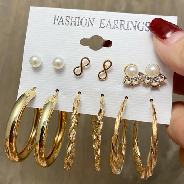 17KM Trendy Metal Pearl Stud Earrings Set for Women Vintage Gold Color Round Square Earrings Set of Earrings Gifts Jewelry