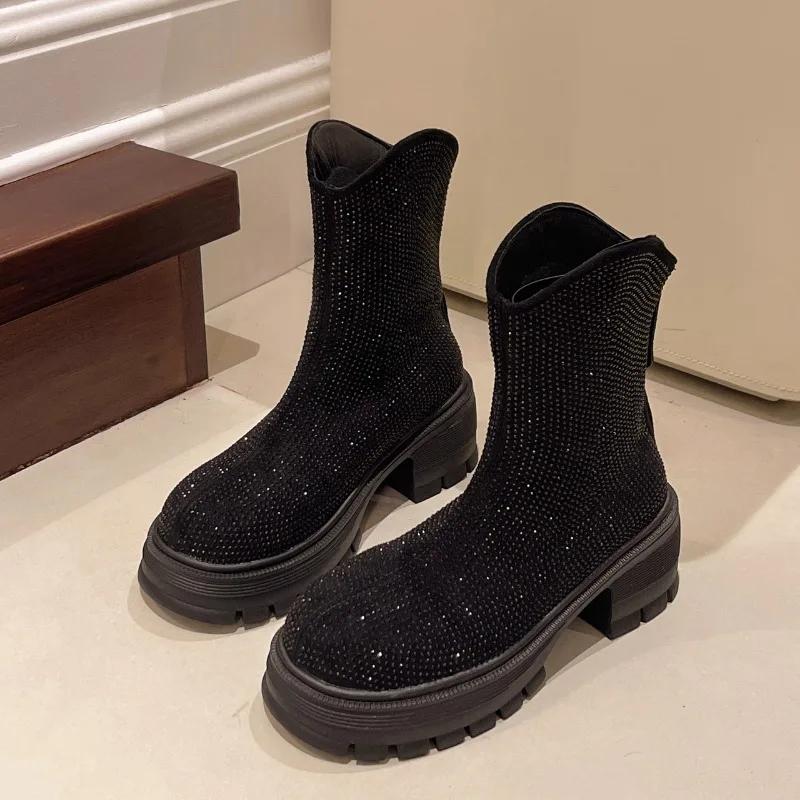 Fashion Flats Thick Women Ankle Boots Crystal Bright Diamond Women Fashion Designer Winter New 2025 Trend Luxury Party Punk Modern Boots