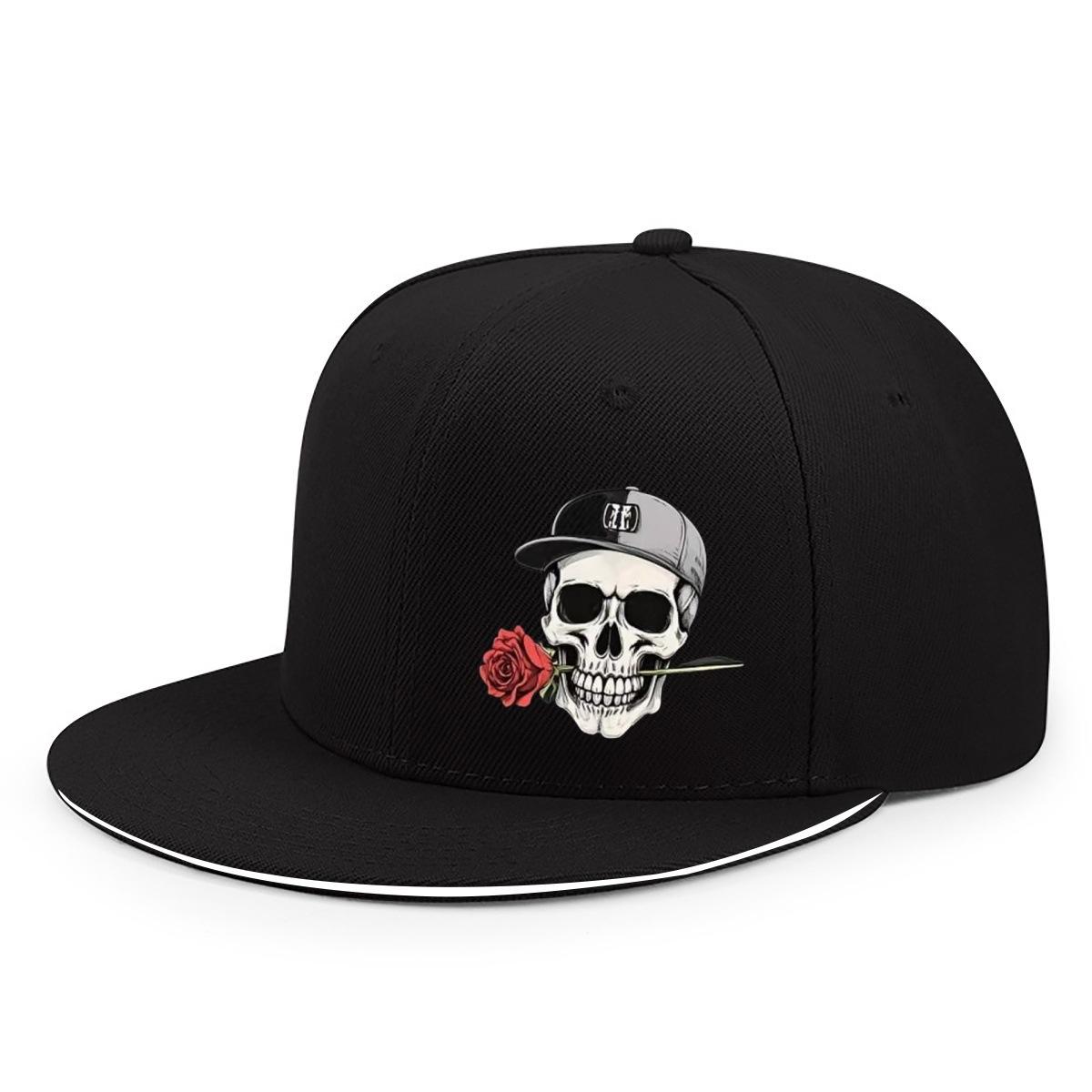 

New Adjustable Hip Hop Baseball Cap With Skull And Rose Motifs Vintage Style Flat Hats Brim For Outdoor Street Sports adjustable