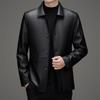 Men's Mid-Length Fleece-Lined Leather Jacket with Turn-Down Collar, Plus Size, Casual Coat