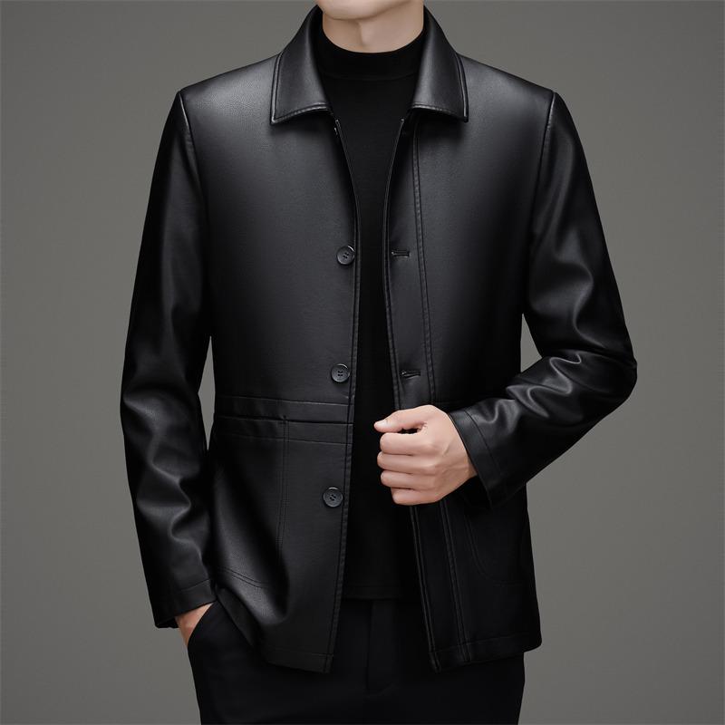 Men's Mid-Length Fleece-Lined Leather Jacket with Turn-Down Collar, Plus Size, Casual Coat