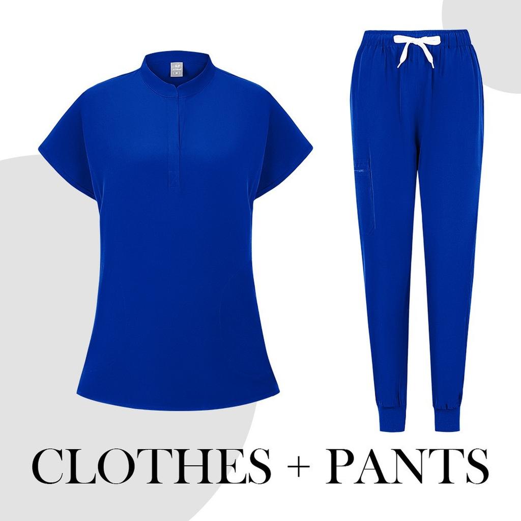 Women's Quick Drying Fabric Solid Color V-neck Pocket Short Sleeved Pants Set Workwear