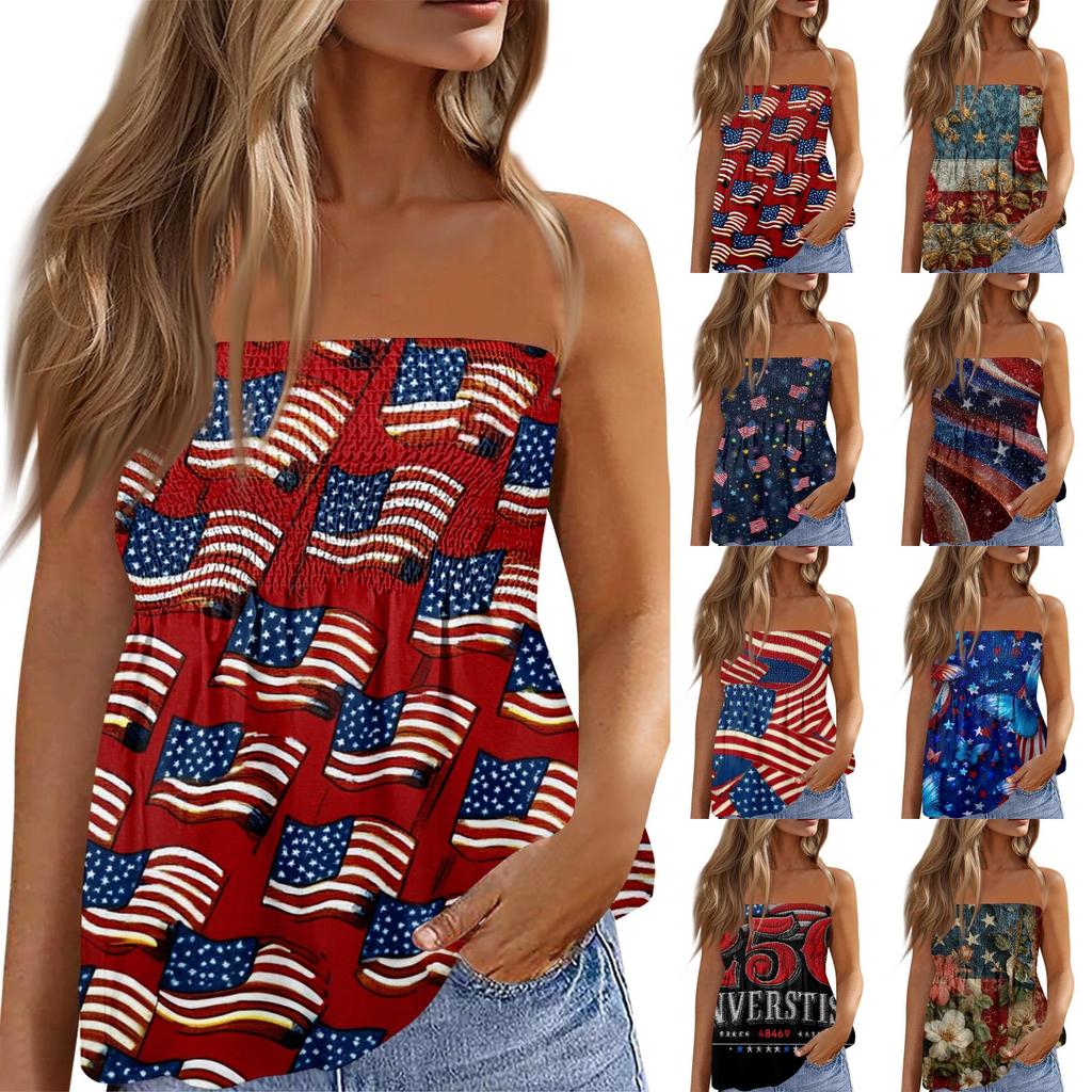 Women's Fashionable Sexy Backless Elastic Independence Day Print Bandeau Top