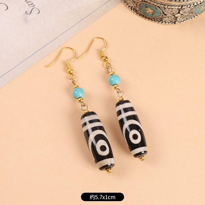 Original design Tibetan nine-eye dzi bead agate earrings retro literary tiger tooth earrings Chinese earrings women