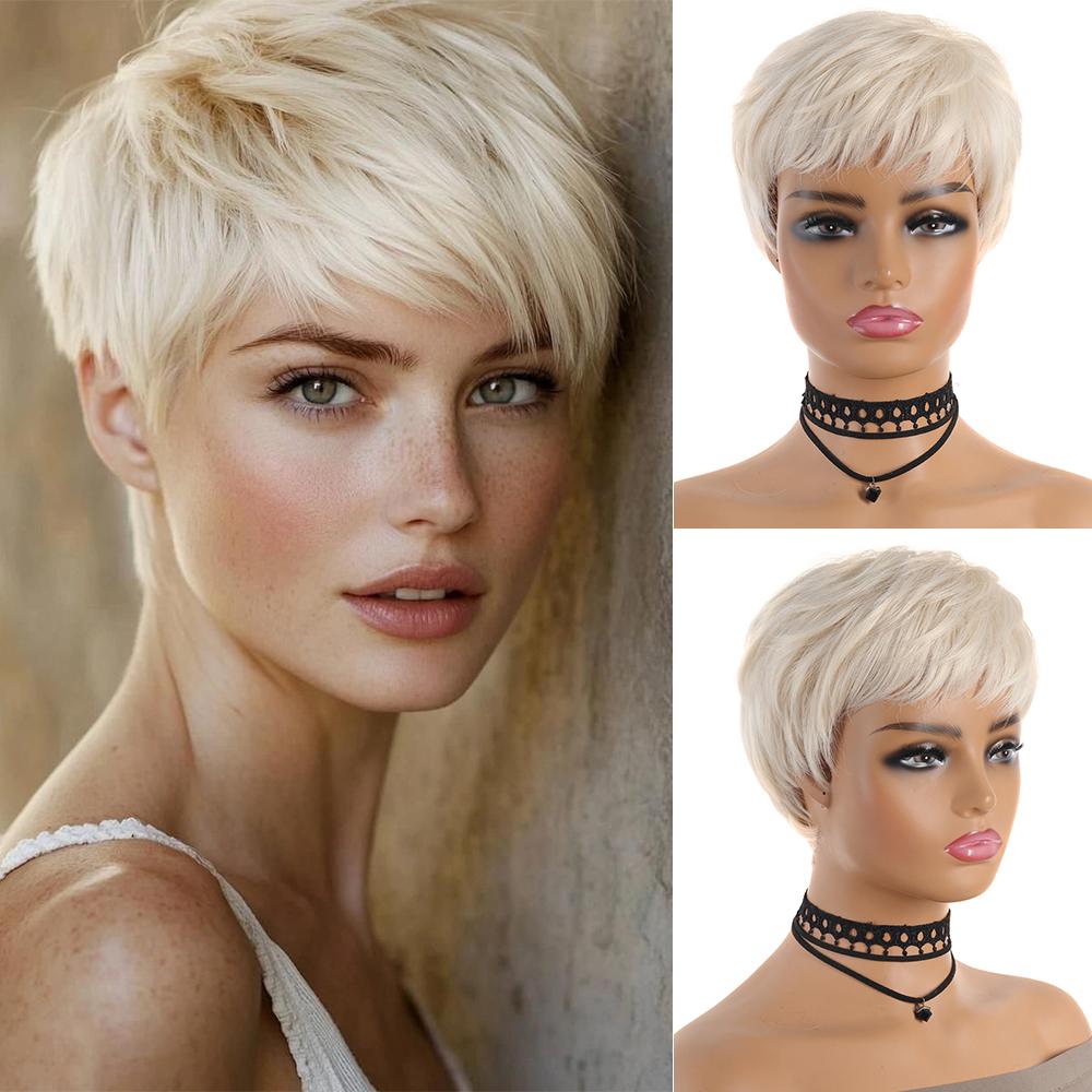 Platinblonde Pixie-Perücken für schwarze Frauen, kurze, gestufte synthetische Perücken für den täglichen Gebrauch, Partys und Cosplay 4inches white