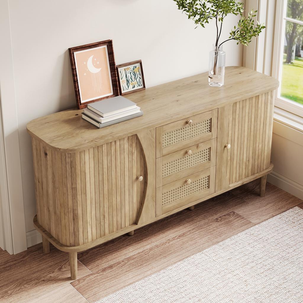 Sideboard, rattan chest of drawers, chest of drawers with sliding doors, adjustable shelves and rounded top.