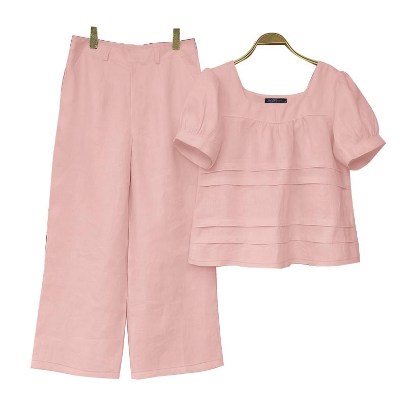 

ZANZEA Жіноча блузка з коротким рукавом і брюки, повсякденні комплекти з двох предметів S рожевий