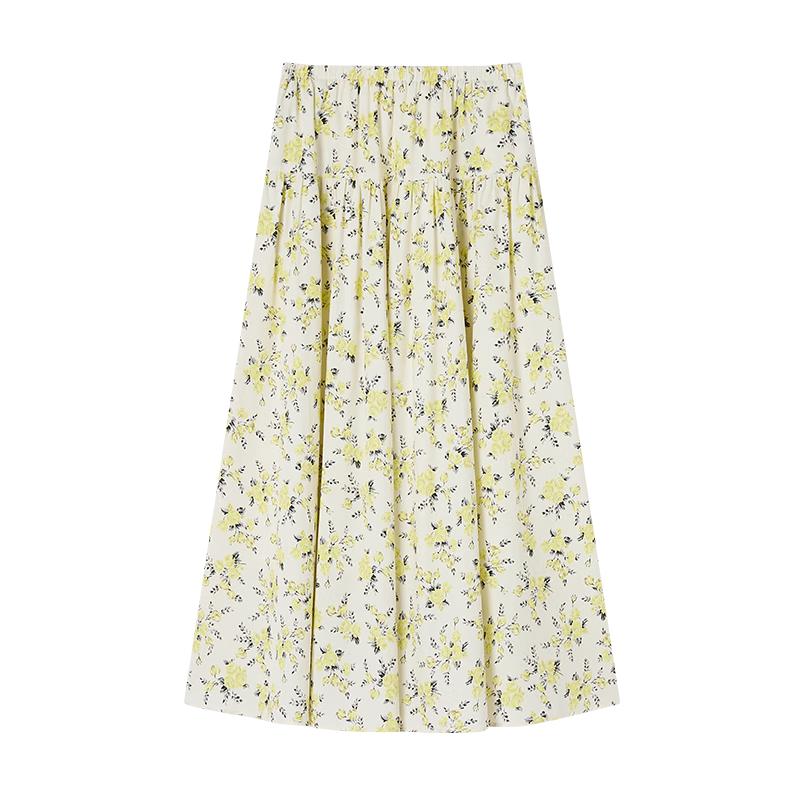 

Xiangying Women s Yellow Floral High-Waist A-Line Midi Skirt L