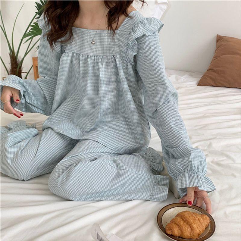 

Homewear Pajamas Long Sleeve Trousers Set Homewear Pajamas Long sleeve Trousers blue One Size(All yards)