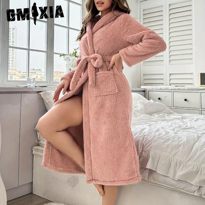 Women's Winter Pink Robe Homewear Hooded with Pockets Tie Belt Coral Velvet Leisure Bathrobe Pajamas