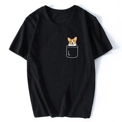 Corgi no Bolso Filhote Fofo Engraçado Grande Sorriso Feliz Casual Harajuku Streetwear Roupas de Verão Camisetas Algodão Gola O Camisetas Tops