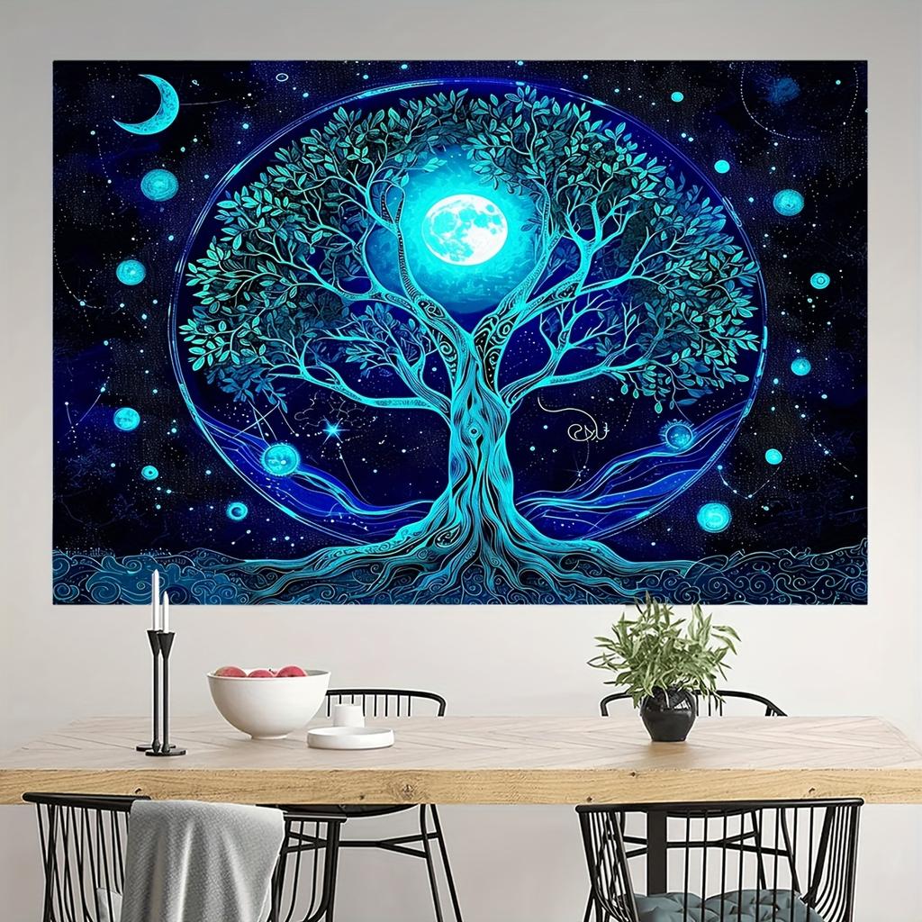 VIKAMA Tree of Life Starry Sky Moon Phase Tapestry Bedroom Bedhead Zen Wall Carpet Yoga Meditation Space Atmosphere Tapestry