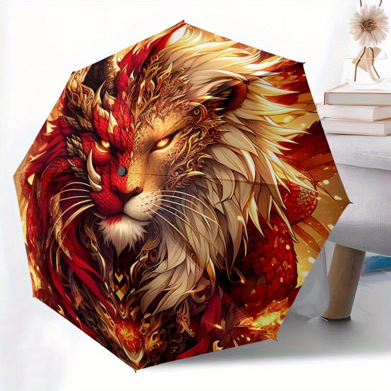 1pc Golden Lion of Fire Automatic Folding Umbrella - 3 Folding Design, Vivid Cartoon Pattern, Suitable for Outdoor Activities, A Gift for Fans In All