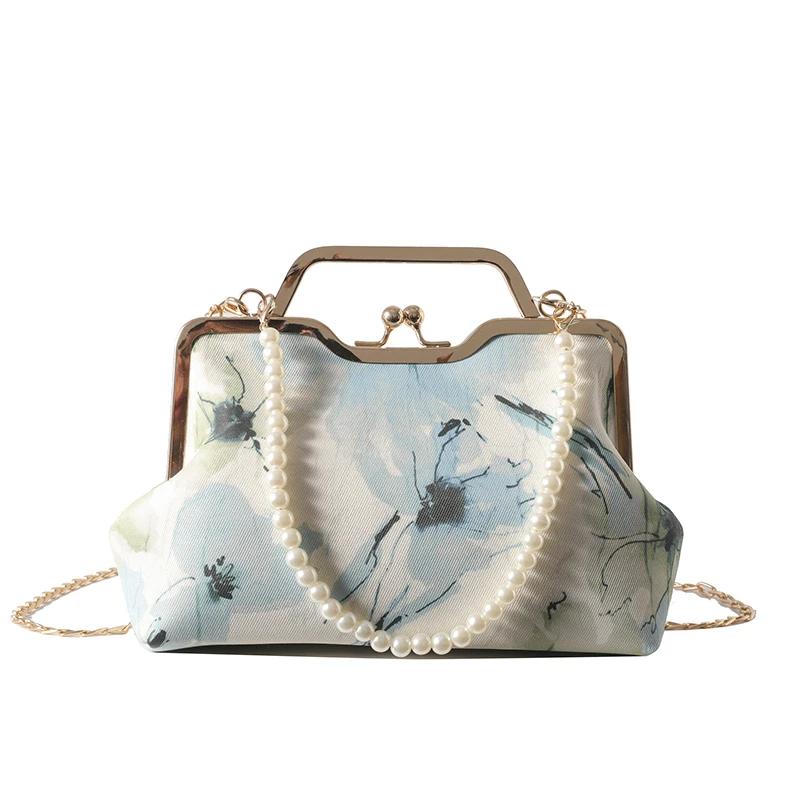 Perlenstickerei Druck Damen Schultertaschen Schlichtheit Trend Drehverschluss Umhängetaschen für Frauen Ketten