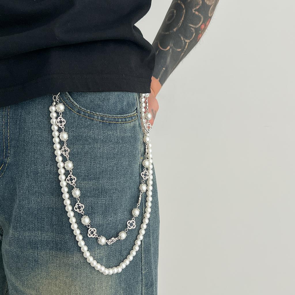 SHIXIN Tendenza Pantaloni Stratificati con Perle Finte Catena per Vita Uomo Donna Versatile Fiore di Strass Catena per Jeans Borsa Ciondolo Accessori