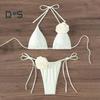 2Pcs/Set Women Bikini Set Lace-up Halter Padded Bra Swimming Trunks Set 3D Flower Decor Beach Style Swimwear