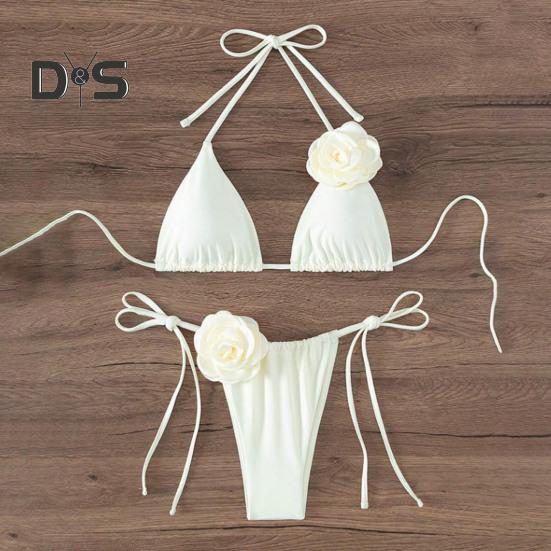 2Pcs/Set Women Bikini Set Lace-up Halter Padded Bra Swimming Trunks Set 3D Flower Decor Beach Style Swimwear