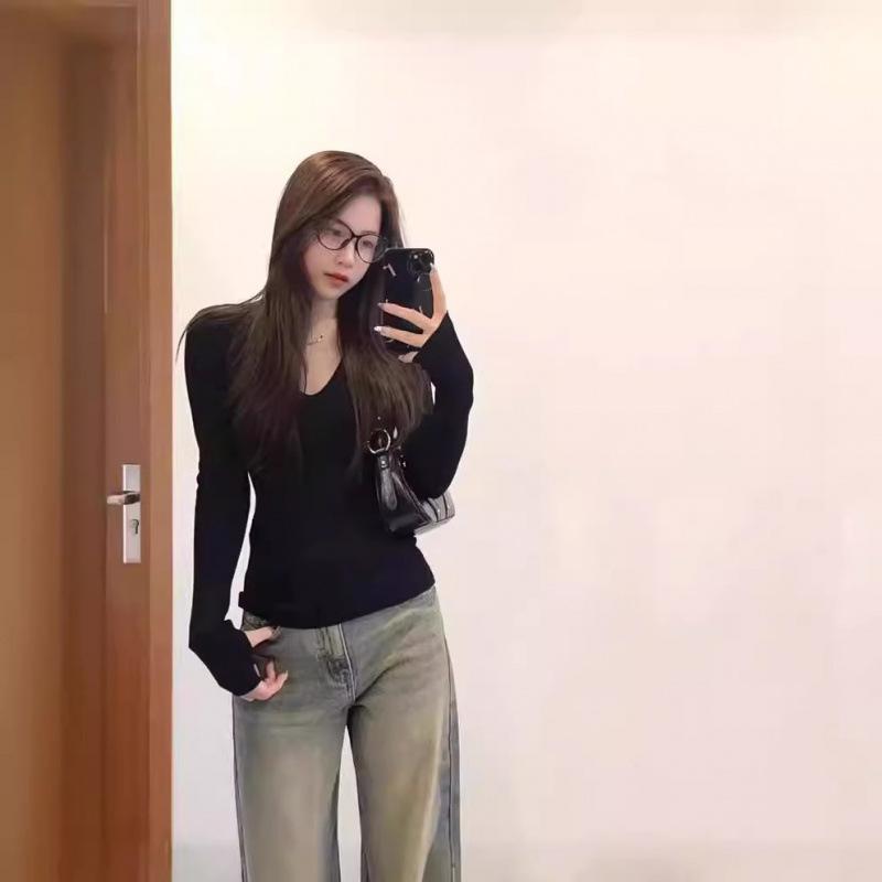 

Pure desire black V-neck bottoming shirt women s spring new autumn and winter basic with Spice Girl long-sleeved top L (recommended 57.5-65kg ) чорний