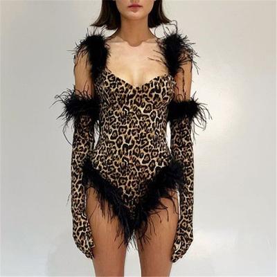 Fashion Sexy Leopard Print Casual Slim Beach Jumpsuit Bodysuit Feather Sleeveless SuitWomen With Gloves Jumper Body Suit Women