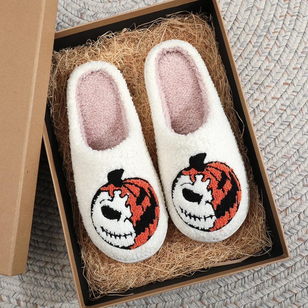 Fashion 2024 Halloween Pumpkin Pattern Embroidery Slippers Men Women Autumn/winter Furry Couple Cotton Slippers Non-slip Indoor Slippers