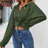 BITCED Women's Fall/Winter Polo Neck Button-Up Solid Color Long-Sleeve T-Shirt