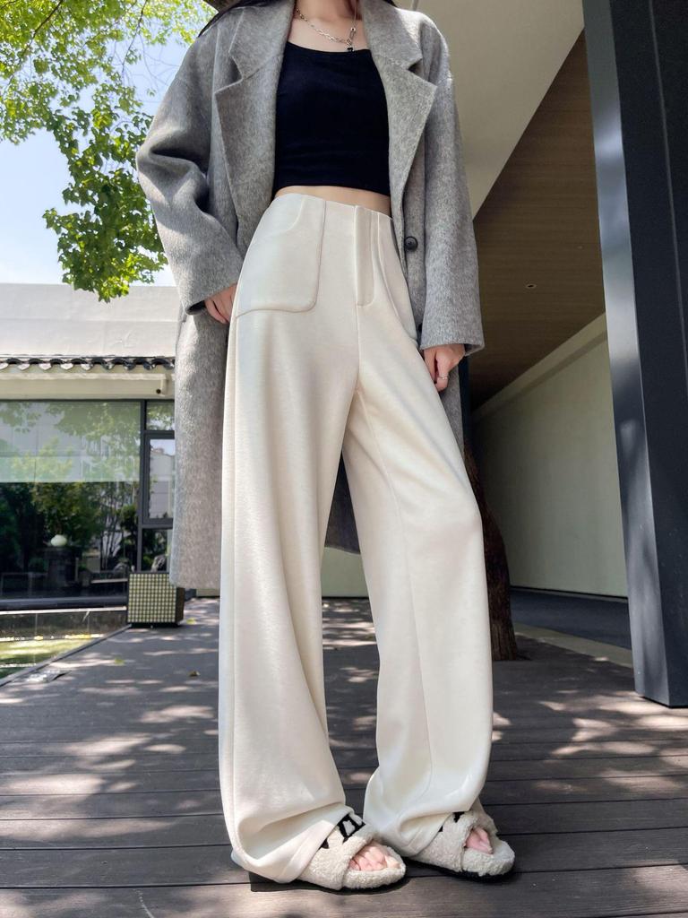 Ai Xuan Grey Acetate Wool Straight Leg Trousers - 2025 Autumn/Winter Women's High-End Narrow Leg Casual Pants