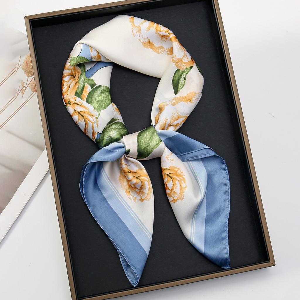 Summer Floral Printed Square Scarf Satin Silk Shawl Small Size Handkerchief Woman Elegant Scarves Ladies Kerchief 67*67Cm