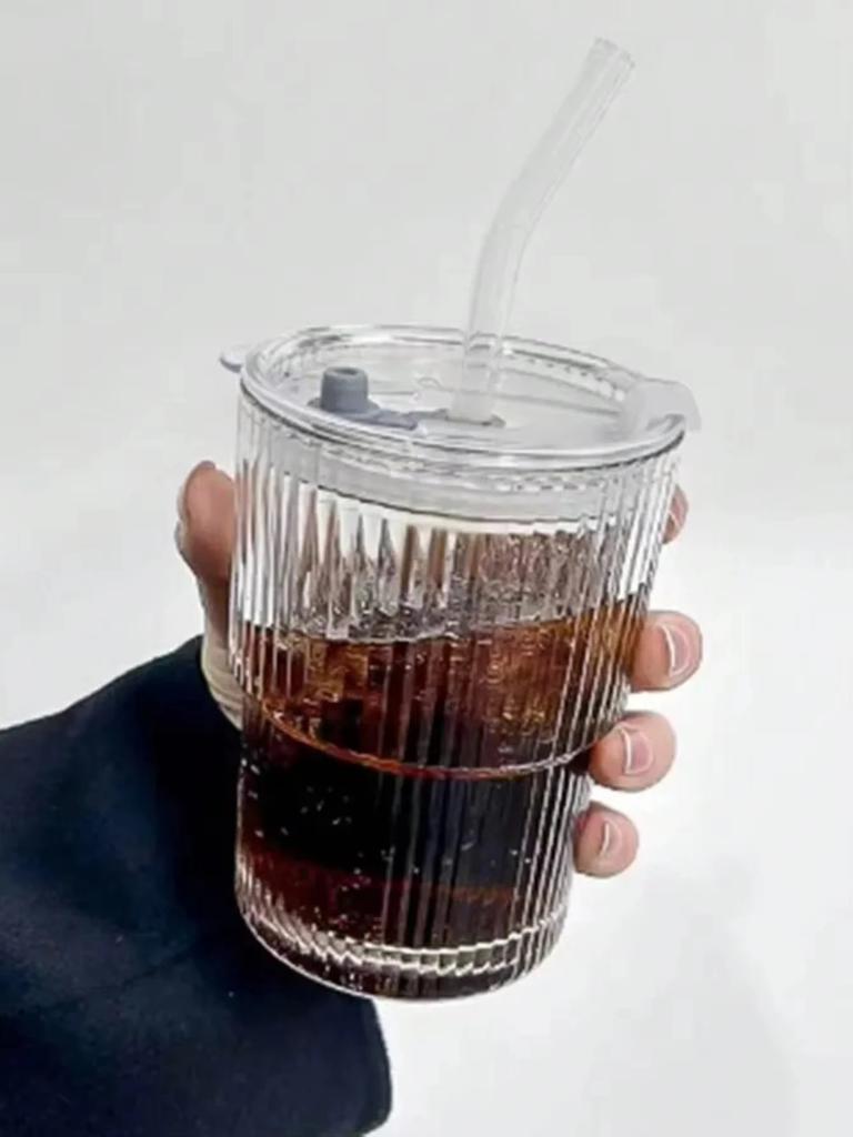 1PCS 400ml Striped Glass Cup with Transparent Lid Straw Iced Coffee Cup Tea Cup Milk Water Cup Beverage Cup Juice Cup