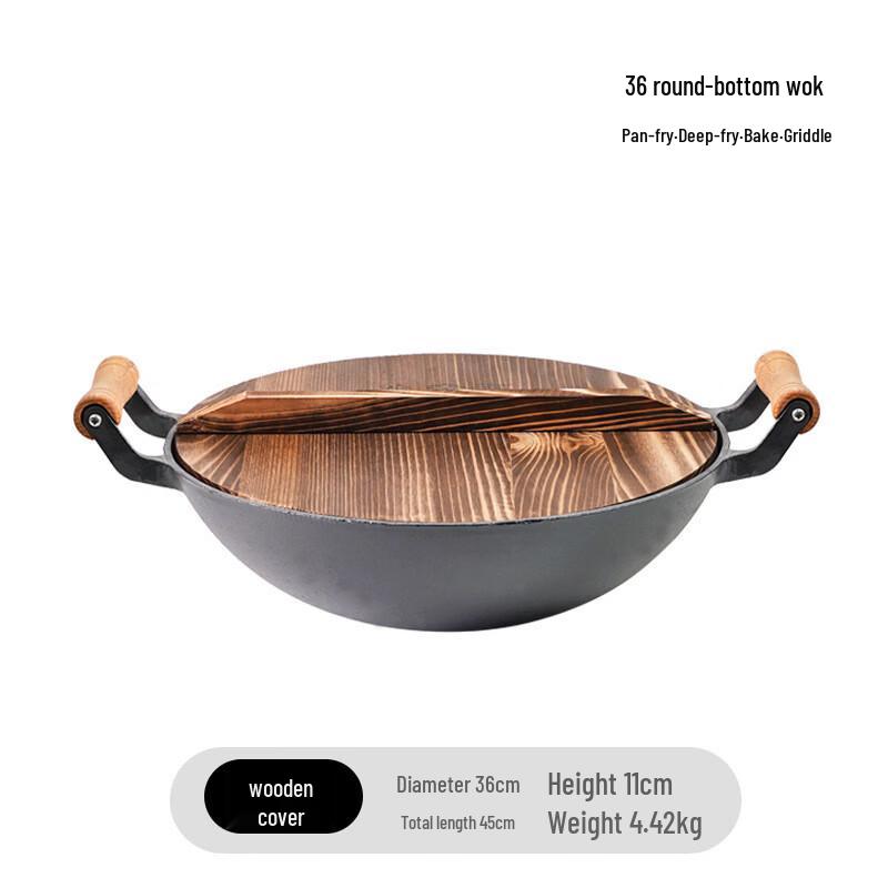 ZISIZ 36cm Round Bottom Cast Iron Wok with Wooden Lid