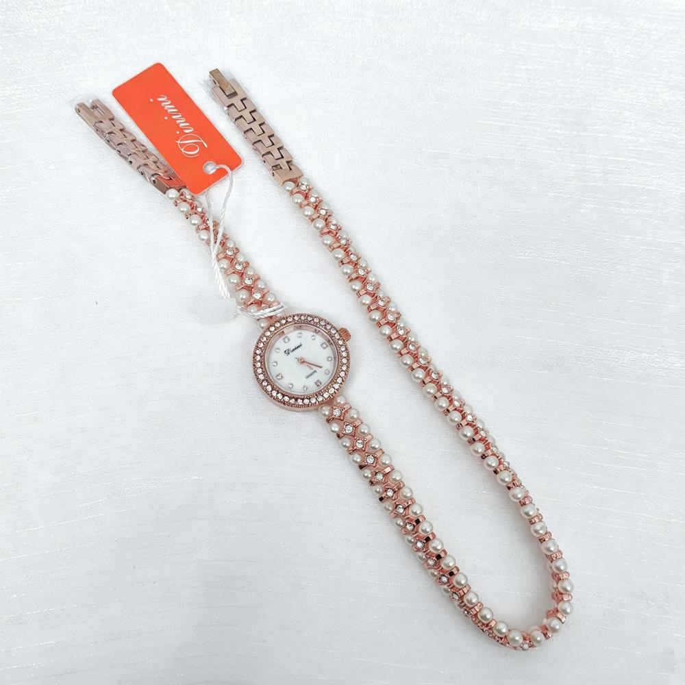 Dinimi Elegant Women's Quartz Watch Mother-of-Pearl Dial Double-Coiled Extra-Long Pearl Bracelet Women's Vintage-Style Watch