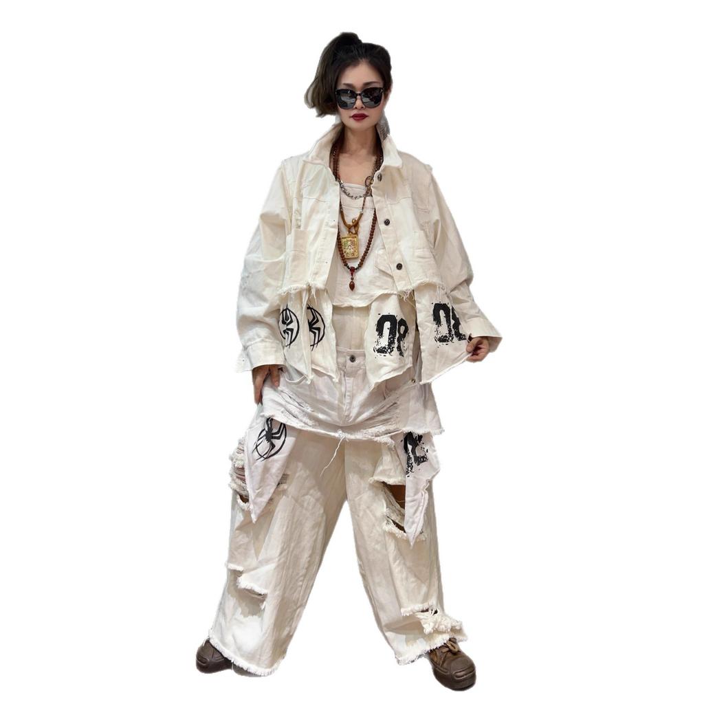 Mode Persönlichkeit Trendig Cool Loch Alt Denim Patchwork Design Sinn Jacke Locker Fake Zweiteiler Weitbeinige Hose Zweiteiliges Set