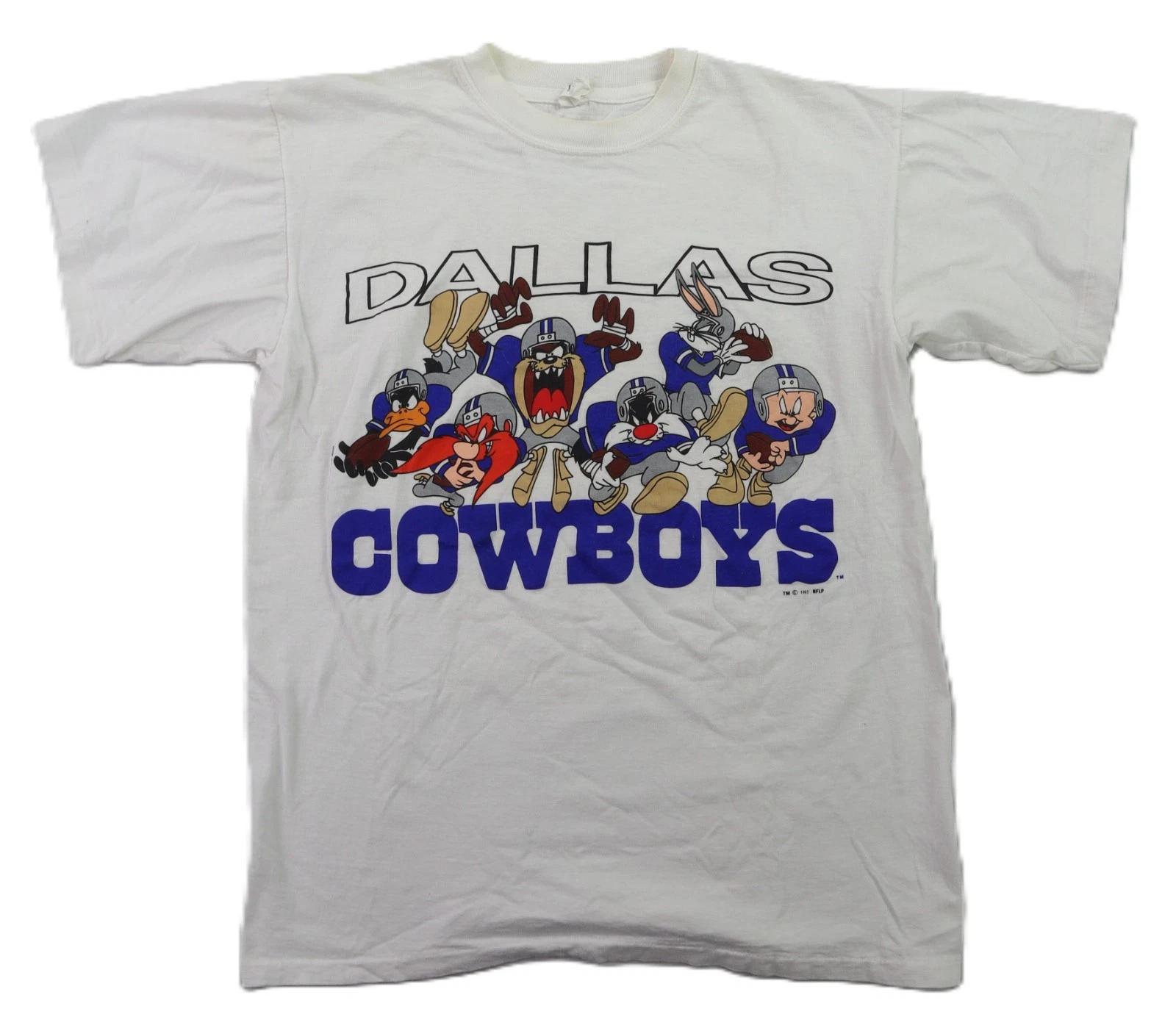 Vtg 90s 1995 US Large Looney Tunes Taz Bugs Dallas Cowboys NFL T Shirt White XL